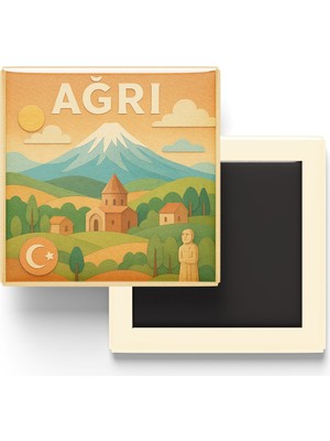 İberk Ağrı - Memleket Temalı - Paper Cut Art - Baskılı Buzdolap Magneti Kare - 9x9 cm