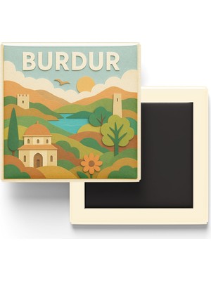 İberk Burdur - Memleket Temalı - Paper Cut Art - Baskılı Buzdolap Magneti Kare - 9x9 cm