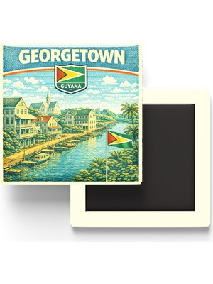 İberk Retro Guyana Georgetown Şehri Temalı Vintage Buzdolap Magneti – 9x9 cm
