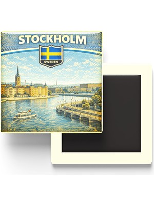 İberk Retro Isveç Stockholm Şehri Temalı Vintage Buzdolap Magneti – 9x9 cm