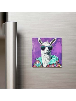 İberk Llama - Lama - Güneş Gözlüklü Style - Buzdolap Magneti - 9x9 cm
