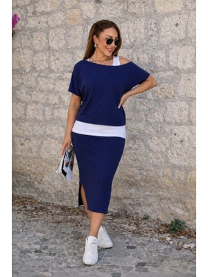 Gökyüzü Moda Kadın Askılı Yuvarlak Yakalı Viskon Bluz ve Tek Omuzdan Açık Viskon Iki Iplik Bluz ve Etek Üçlü Takım