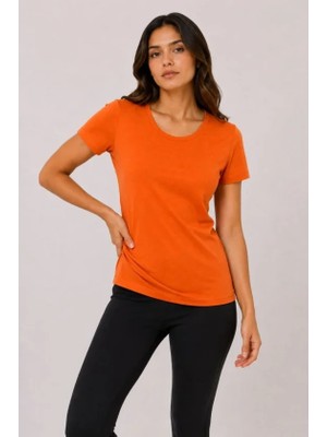 Giyimodam Basic Tişört Bisiklet Yaka Kısa Kol Günlük Yazlık Slim Fit T-Shirt - Turuncu