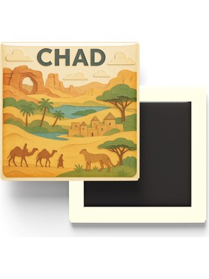 İberk Çad - Chad - Paper Cut Art - Baskılı Buzdolap Magneti Kare - 9x9 cm