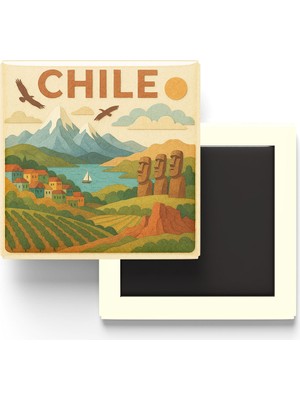 İberk Şili - Chile - Paper Cut Art - Baskılı Buzdolap Magneti Kare - 9x9 cm
