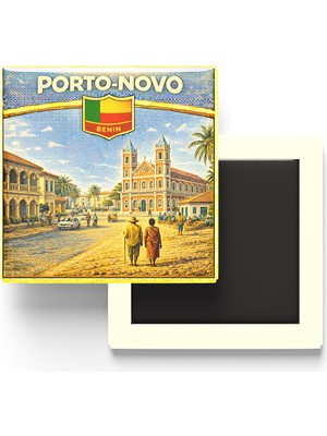 İberk Retro Benin Porto-Novo Şehri Temalı Vintage Buzdolap Magneti – 9x9 cm