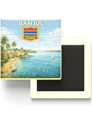 İberk Retro Gambiya Banjul Şehri Temalı Vintage Buzdolap Magneti – 9x9 cm