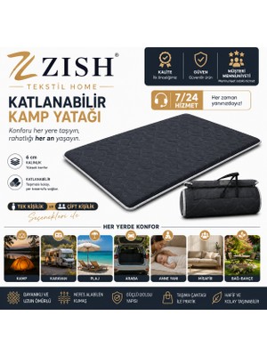 Beyaz Fitilli Koyu Antrasit Gri Taşınabilir Katlanır Yatak Karavan Kamp Yatağı Anne Yanı Yer Yatağı
