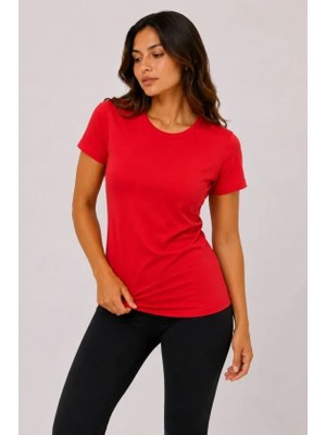 Basic Tişört Bisiklet Yaka Kısa Kol Günlük Yazlık Slim Fit T-Shirt - Kırmızı