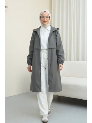 Moda Morfo Boydan Fermuarlı Kapşonlu Uzun Yağmurluk   -Füme