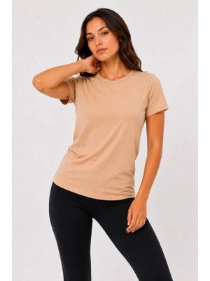 Basic Tişört Bisiklet Yaka Kısa Kol Günlük Yazlık Slim Fit T-Shirt - Bej