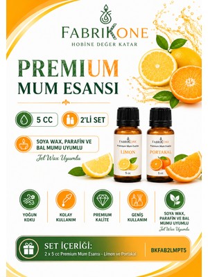 Fabrikone Premium Mum Esansı 5 cc 2'li Set - Limon, Portakal - Soya Wax, Parafin, Jel Wax ve Bal Mumu Uyumlu BKFAB2LMPT5