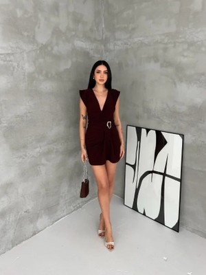 Çamaşır Kenti Kruvaze Drapeli Tokalı Mini Elbise Şık Gece Davet Abiye