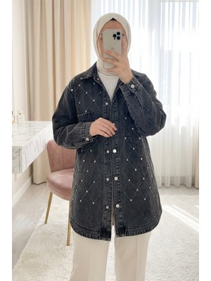 Moda Morfo Çift Cepli Taşlı Önü Düğmeli Kot Ceket -Füme