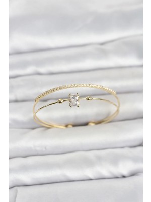 Inure Jewelry Pirinç Gold Renk Zirkon Taşlı Baget Model Kadın Bileklik