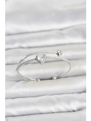 Inure Jewelry Pirinç Gümüş Renk Kalp Model Zirkon Taşlı Kadın Bileklik