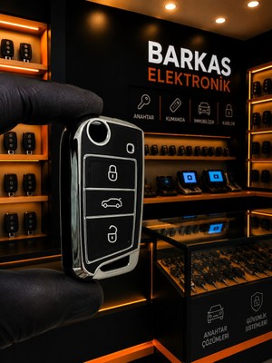 Barkas Elektronik Volkswagen T-Roc Taigo T-Cross Polo Golf Tiguan Passat Sustalı Anahtar Kılıfı Siyah Gümüş