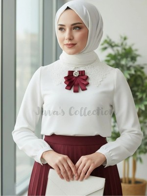 Jivva's Collection Benzersiz Özel Tasarım Kadın Fiyonk. Bordo Boncuk ve Taş Detaylı. Yaka Iğnesi