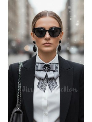 Jivva's Collection Kadın Fiyonk Broş-Gri. Parlayan Rhinestone Çiçek Detaylı. Fiyonk Broş Kurdele. El Yapımı Özel
