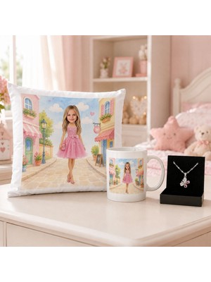 Bk Gift Kişiye Özel Karikatürlü Oyuncak Bebek Tasarımlı Kırlent Yastık & Beyaz Kupa & Kolye -9 Kız Çocuklarına Özel Hediye Seti
