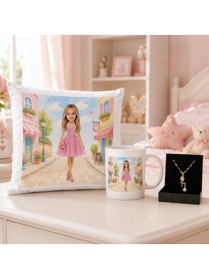 Bk Gift Kişiye Özel Karikatürlü Oyuncak Bebek Tasarımlı Kırlent Yastık & Beyaz Kupa & Kolye -8 Kız Çocuklarına Özel Hediye Seti