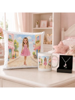 Bk Gift Kişiye Özel Karikatürlü Oyuncak Bebek Tasarımlı Kırlent Yastık & Beyaz Kupa & Kolye -7 Kız Çocuklarına Özel Hediye Seti
