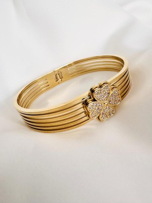 Devi Fashion Çelik Gold Mıknatıslı Yonca Şans Kelepçe Bileklik
