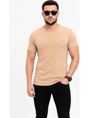 Pileli Store Erkek Basic Tişört Bisiklet Yaka Kısa Kol Günlük Yazlık Slim Fit T-Shirt - Bej