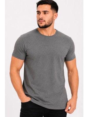 Pileli Store Erkek Basic Tişört Bisiklet Yaka Kısa Kol Günlük Yazlık Slim Fit T-Shirt - Antrasit