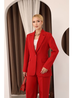 Deq Fashion Kadın Kırmızı Blazer Ceket Pantolon Takım | Ofis & Şık Takım Elbise