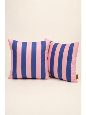 Mefaks Tekstil Modern Çizgili Babyface Kırlent Kılıfı 45X45 cm 2'li Set Gizli Fermuarlı Toz Pembe-Mavi