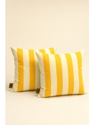 Mefaks Tekstil Modern Çizgili Babyface Kırlent Kılıfı 45X45 cm 2'li Set Gizli Fermuarlı Sarı-Beyaz