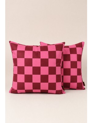Mefaks Tekstil Kare Desenli Babyface Kırlent Kılıfı 45X45 cm 2'li Set Gizli Fermuarlı Bordo