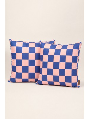 Mefaks Tekstil Kare Desenli Babyface Kırlent Kılıfı 45X45 cm 2'li Set Gizli Fermuarlı Toz Pembe-Mavi