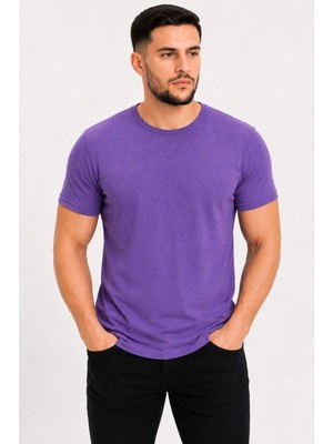 Beruflic Erkek Basic Tişört Bisiklet Yaka Kısa Kol Günlük Yazlık Slim Fit T-Shirt - Mor