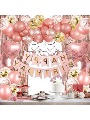 MarkEntegra Doğum Günü Süsleme Seti, Pudra Pembe Altın Rengi Doğum Günü Partisi Süslemeleri, Folyo Balon, Lateks Balon, Konfeti Balon, Happy Birthday Yazısı, Folyo Perde, 53 Parça