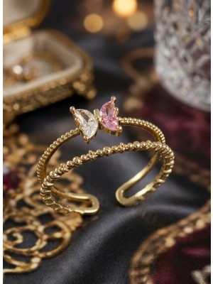 Stainless Steel Kelebek Figürlü Zirkon Taşlı Pembe/beyaz Taşlı Gold Renk Ayarlanabilir Pirinç Yüzük
