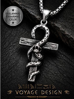 Voyage Accessory Paslanmaz Kararmaz Çelik Antik Gümüş Yılan Detaylı  Egyptian Ankh Kolye