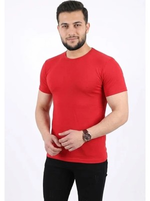 Defy Moda Erkek Basic Tişört Bisiklet Yaka Kısa Kol Günlük Yazlık Slim Fit T-Shirt - Kırmızı
