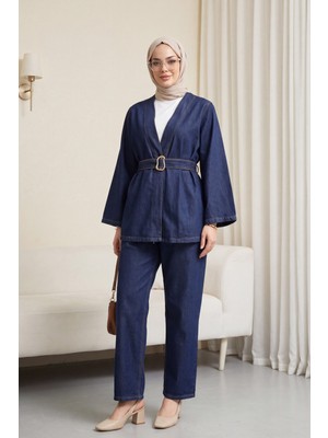 Moda Morfo Beli Kemerli Pantolonlu Kot Kimono Takım -K.laci
