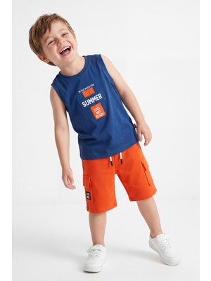 Joy Kids Erkek Çocuk %100 Pamuk Kargo Cepli Askılı Takım (3-6yaş) (Lacivert-Turuncu)