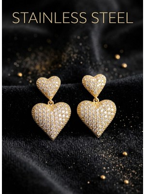 Stainless Steel 316L Çelik Gold Renk Zirkon Taşlı Ikili Kalp Model Küpe
