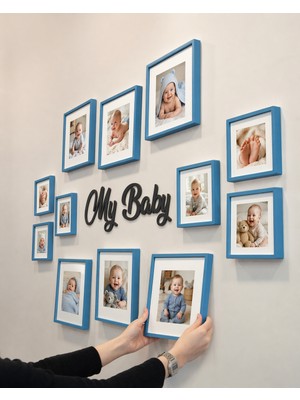 Nobbystar My Baby Mavi Bebek Fotoğraf Çerçevesi 12’li Set - Yapışkanlı Sök-Tak Paspartulu Kare Duvar Çerçevesi
