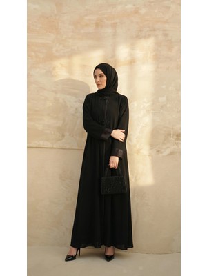İhvan Online Mevlana Taş Işlemeli Ferace Kloş Kesim Fermuarlı Saten Manşetli Siyah 9587-26