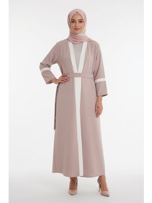 Zermiva Pudra Beyaz Şeritli Detaylı V Yaka Kemerli Oversize Uzun Tesettür Abaya
