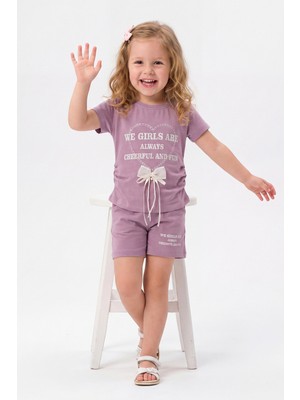 Joy Kids Kız Çocuk Kurdele Aksesuarlı Taş Detaylı Takım (2-5yaş) (Lila)