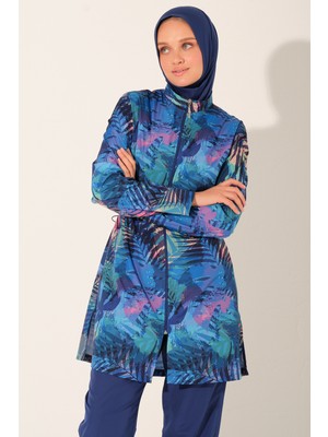 Alfasa Palmera Desenli Tam Kapalı Tesettür Mayo 26264-26 Indigo