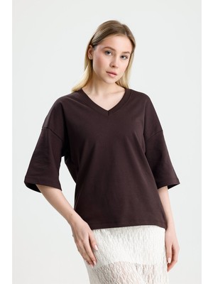 Rose Arya Kahve  V Yaka Over Tshirt