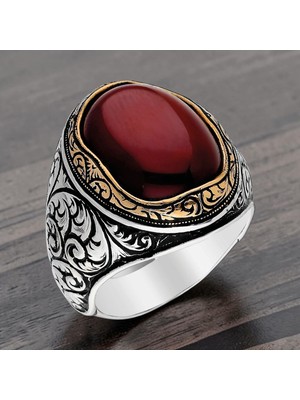 Takılingo 925 Ayar Gümüş Kırmızı Akik Taşlı Kalem Işlemeli Erkek Yüzük