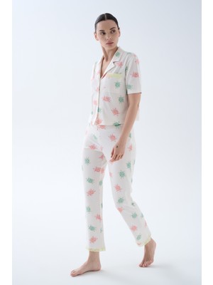 Hays Kadın Pamuklu Kısa Kollu Gömlek Yaka Uzun Pijama Takımı